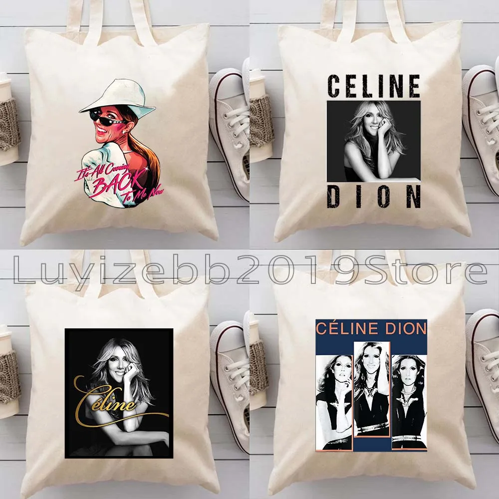 Women Canvas Shoulder Tote Bag Harajuku Handbag Vintage Celine Dion Portrait Fan Gifts Shopper Reusable Foldable Shopping Bags