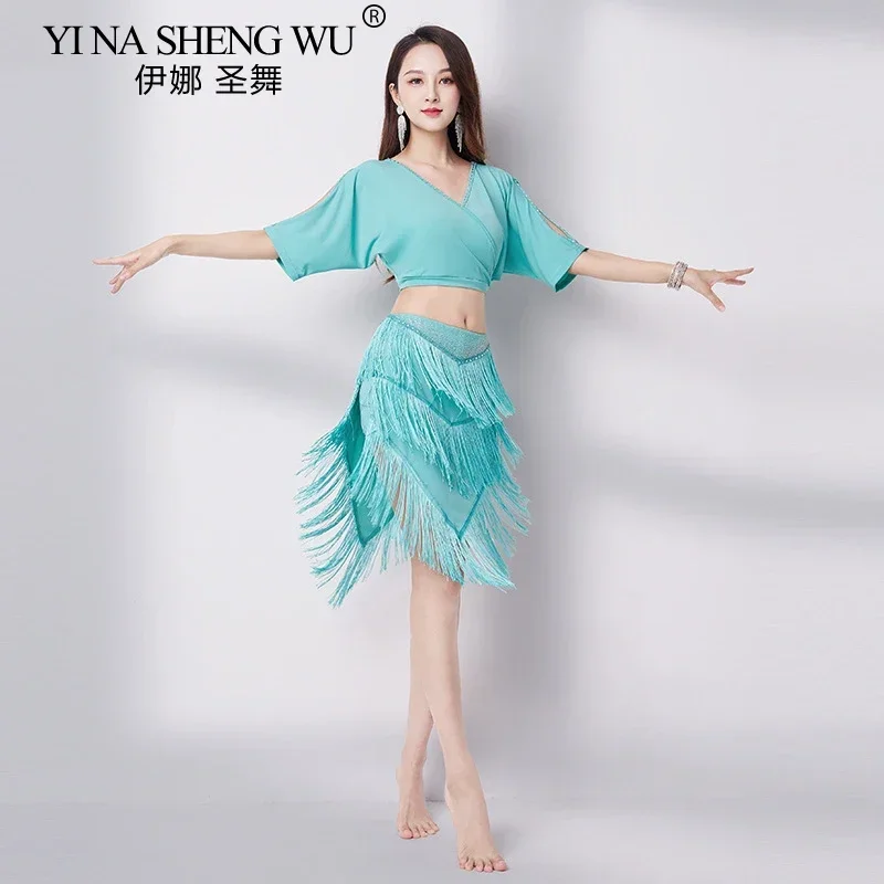 

Женский костюм для танца живота с V-образным вырезом, юбкой с бахромой, сексуальный комплект с пайетками для латиноамериканских танцев, наряд для выступлений и тренировок на сцене