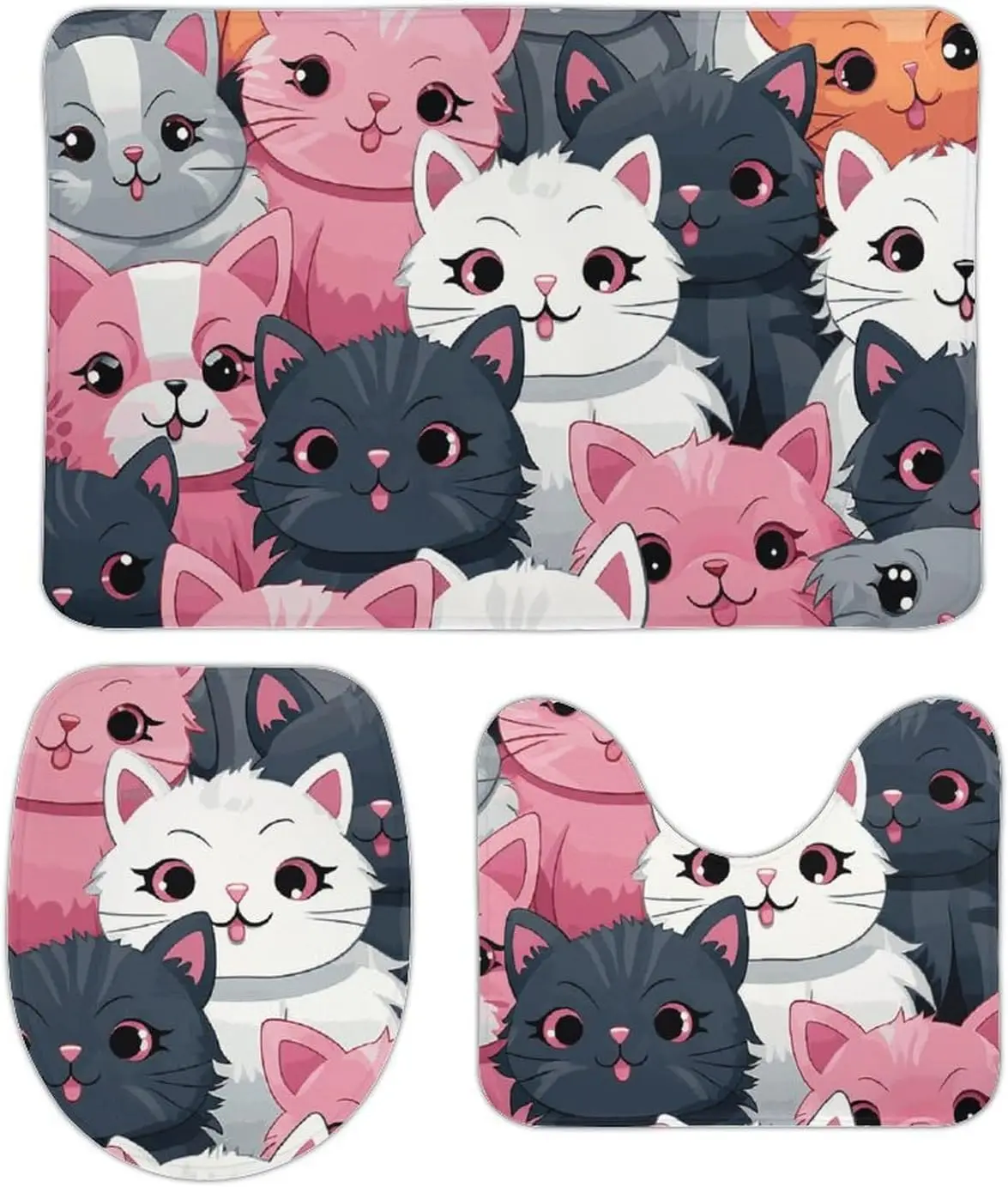 3 Piece Bath Rug Set Non Slip Absorbent Bath Mat Contour Mat with Toilet Lid Cover Cute Kittens Soft Floor Mats for Bathroom