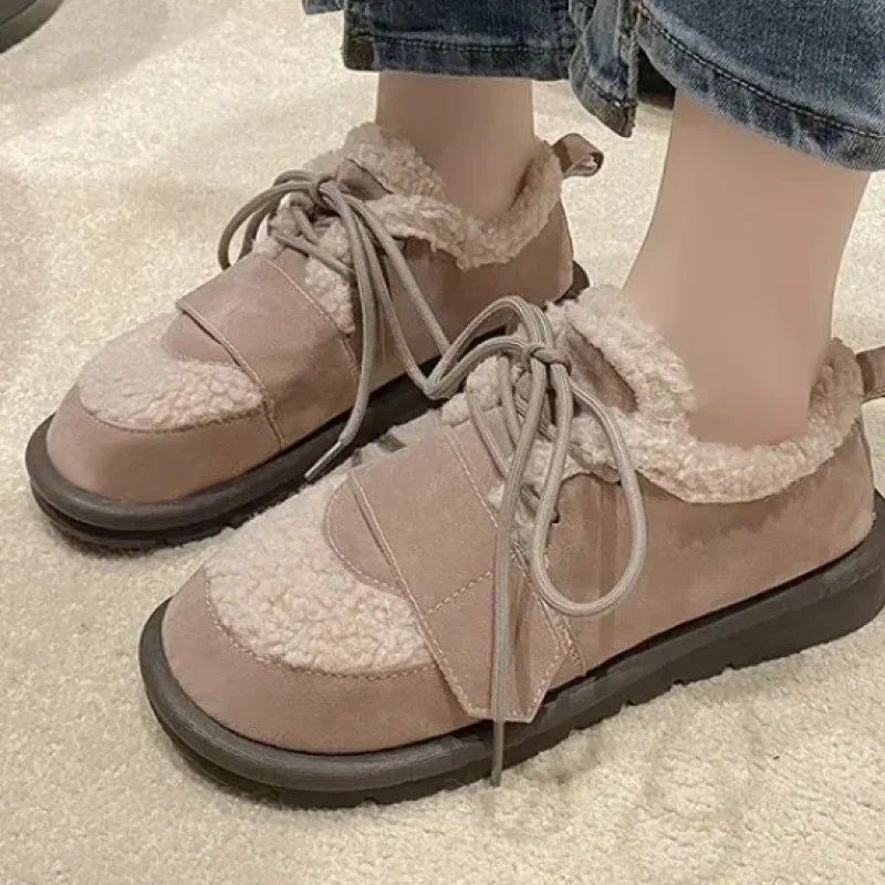 Winter Short Plush Flats Cotton Boots Lace-up Casual Trend Shoes 2024 New Fashion Warm Comfortable shoes Female Mujer