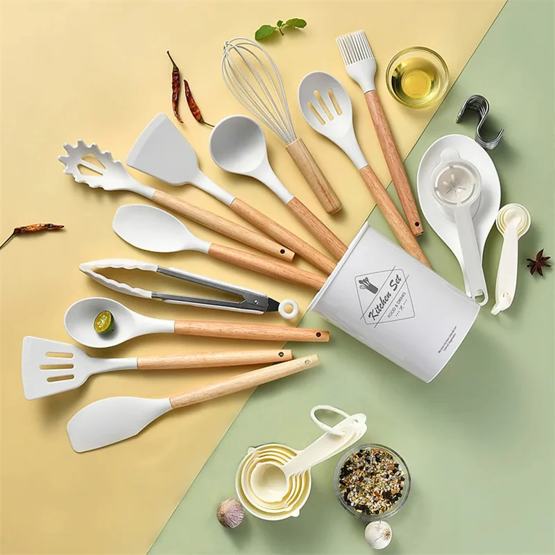 34Pcs Silicone Utensils Set Non-Stick Cookware Wooden Handle Spatula Shovel Egg Beaters Kitchenware Kitchen Accessories