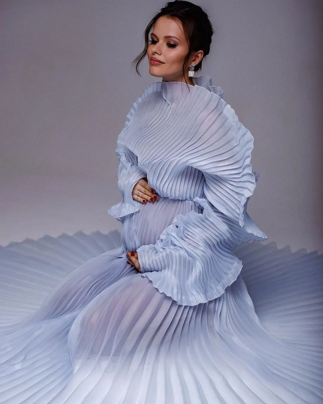 Light Blue Pleated Maternity Dresses for Photoshoot Illusion Pleated Organza Puff Sleeves Maternity Gown Babyshower Dress Custom