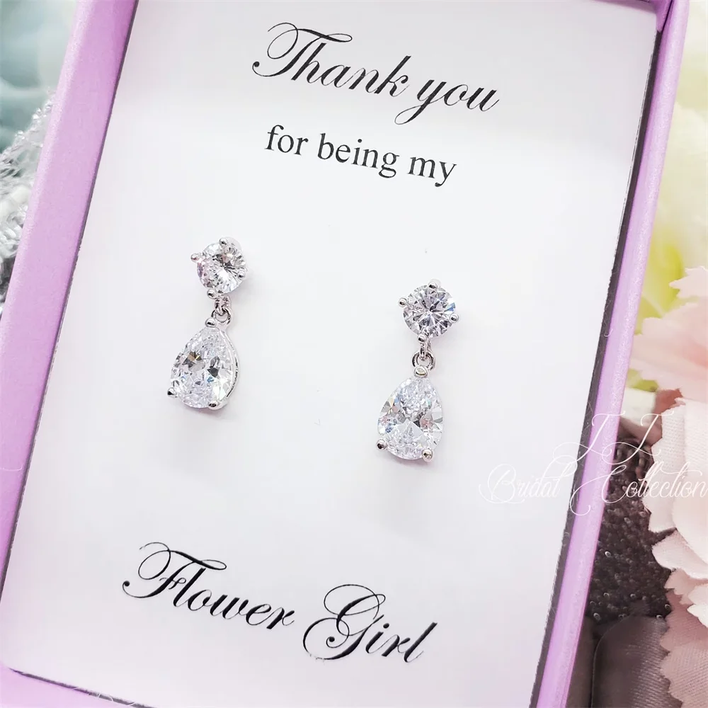 Tiny Teardrop dangle Cubic Zirconia 925 SILVER POST Earrings, Flower Girl, Bridesmaid Earrings Gift