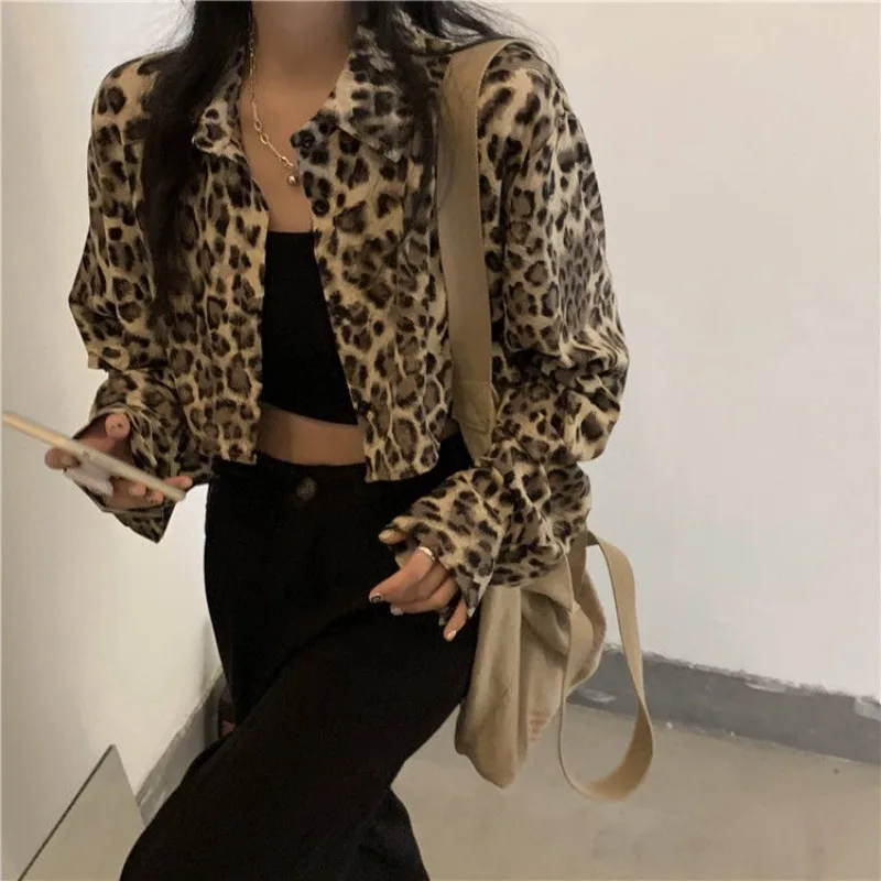 

QWEEK Leopard Print Cropped Shirt Woman Y2k Vintage Long Sleeve Blouse Korean Harajuku Fashion Cardigan Spring Gothic Streetwear