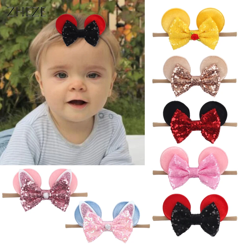 10 pz/set orecchie da topo fascia in Nylon per bambini festa per bambini 5 "accessori per capelli elastici morbidi con fiocco glitterato