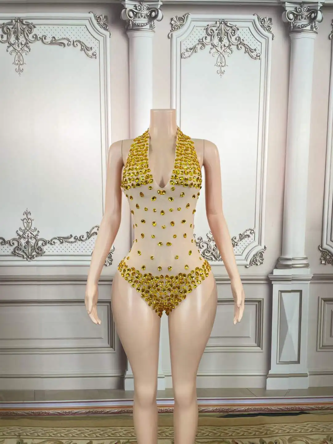 Nouveau brillant strass maille transparente danse body tenue anniversaire célébrer Costume bal fête danseur spectacle Sexy body