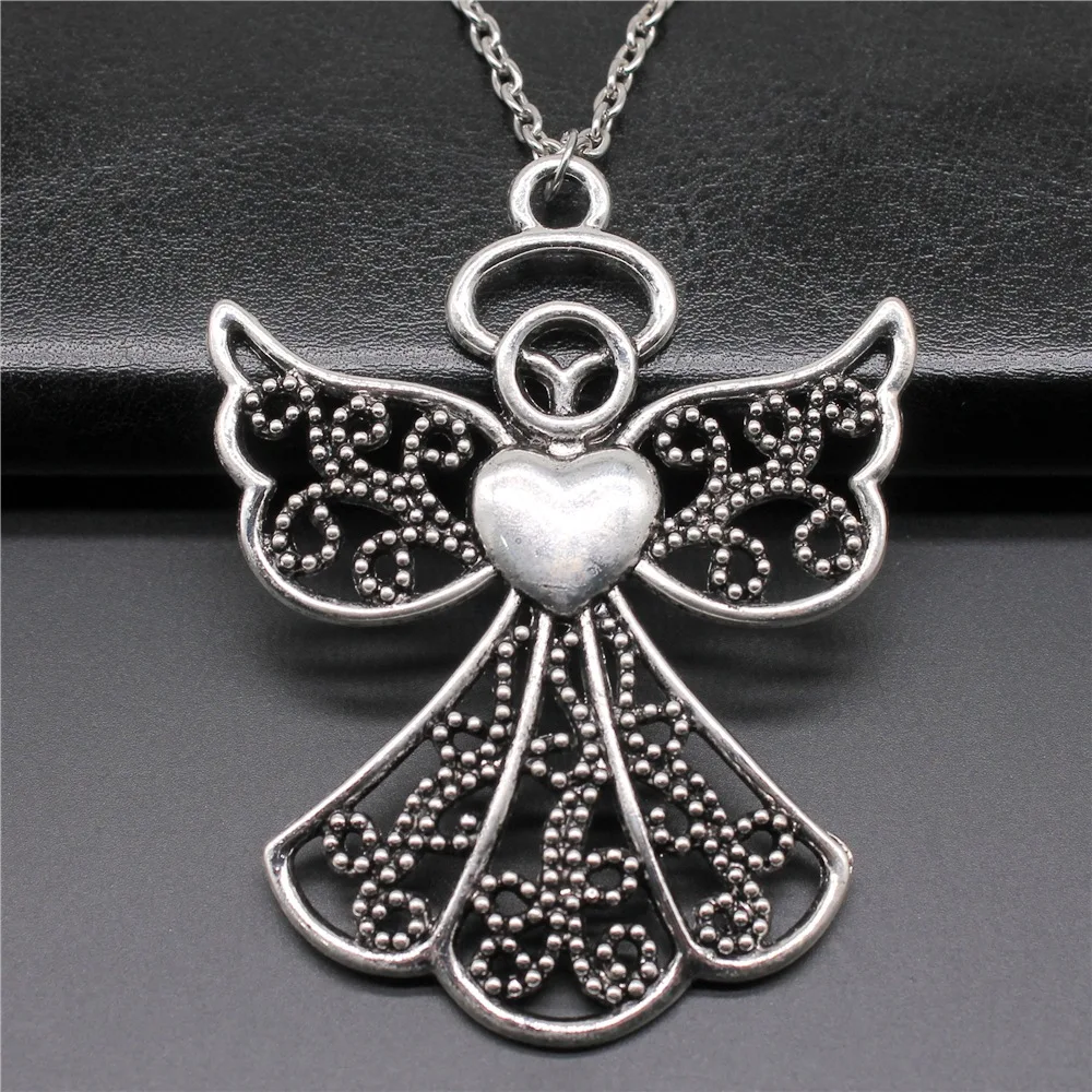 Antique Silver Color 54x68mm Angel Pendant Necklace For Women Men Long Chain Necklace