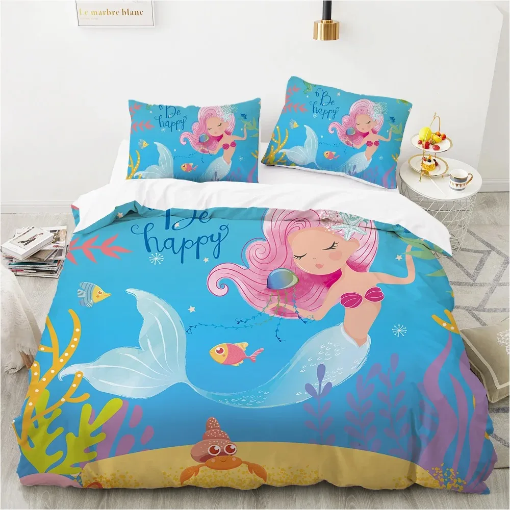 

Cartoon Mermaid Girl Comfortable Duvet Quilt Cover Pillowcase Bedding Set Children Bedroom Decoration Home Textile