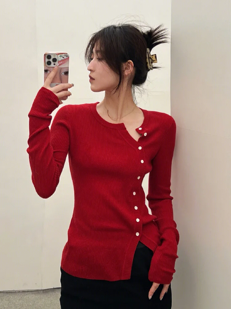 

Корейский Sle Faionable массивный вязаный свитер Long Sve Red eep Camere, женский топ для похудения, новогоднее специальное издание