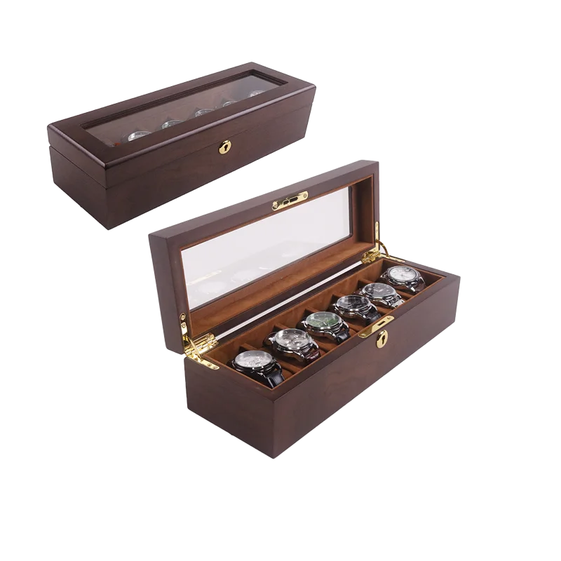 Newly arrived walnut wood grain watch storage box teak watch storage box 6 slots display box with suede seat cushion