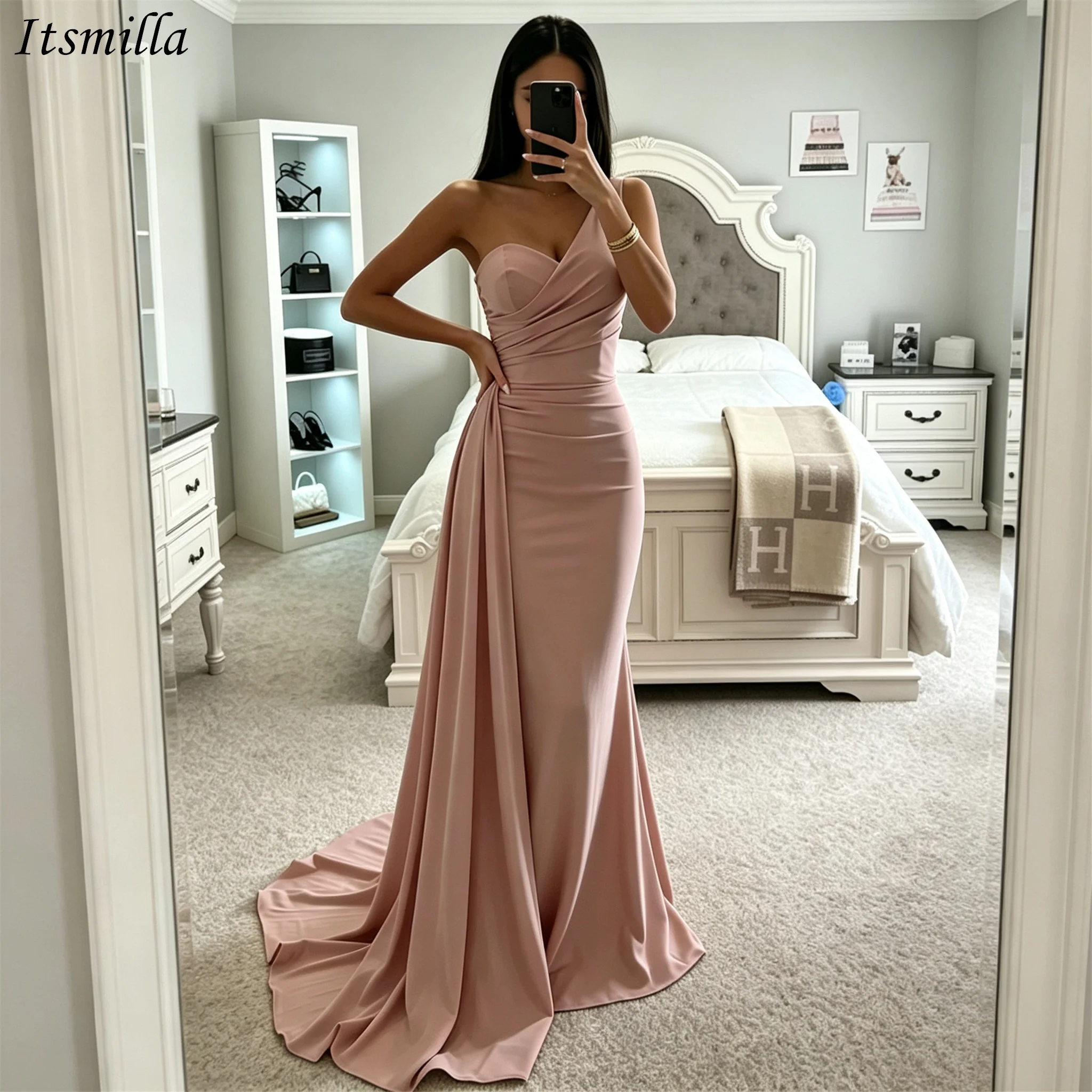 Itsmilla One Shoulder Stretch Satin Bridesmaid Dresses Draped Side Zipper Open Back Dusty Rose Long Formal Evening Prom Gowns