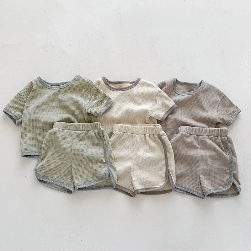 Korean Style Newborn Baby Boys Girls Clothing Suit Short Sleeved Cotton Solid Color T-shirt+Shorts Children Clothing Set