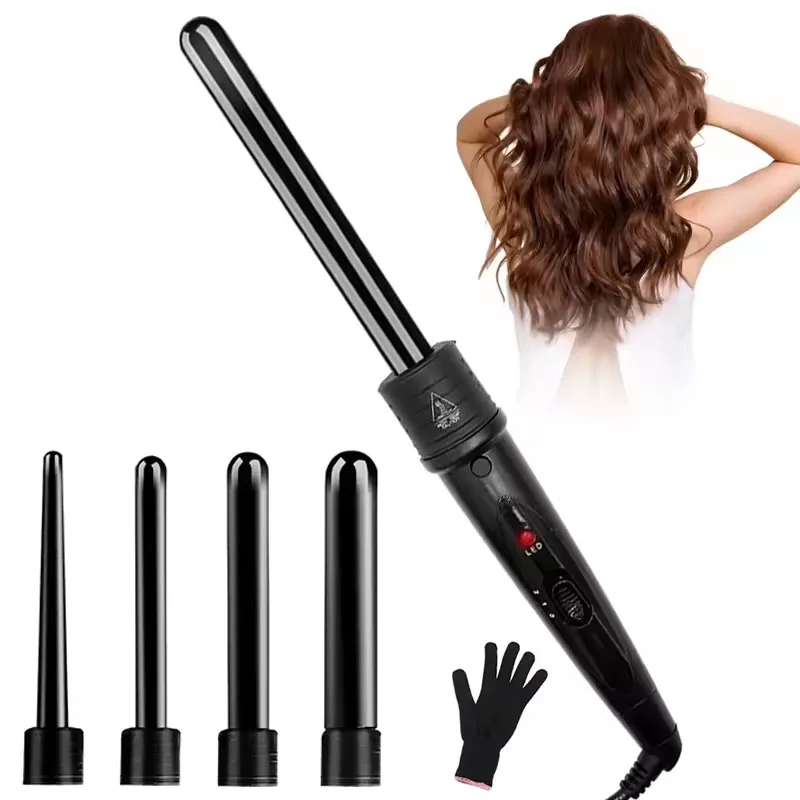 Professional 5-in-1 Interchangeable LED Hair Curler Ceramic Coating Electric PTC Hair Curling Wand Multiple Heads for Curling