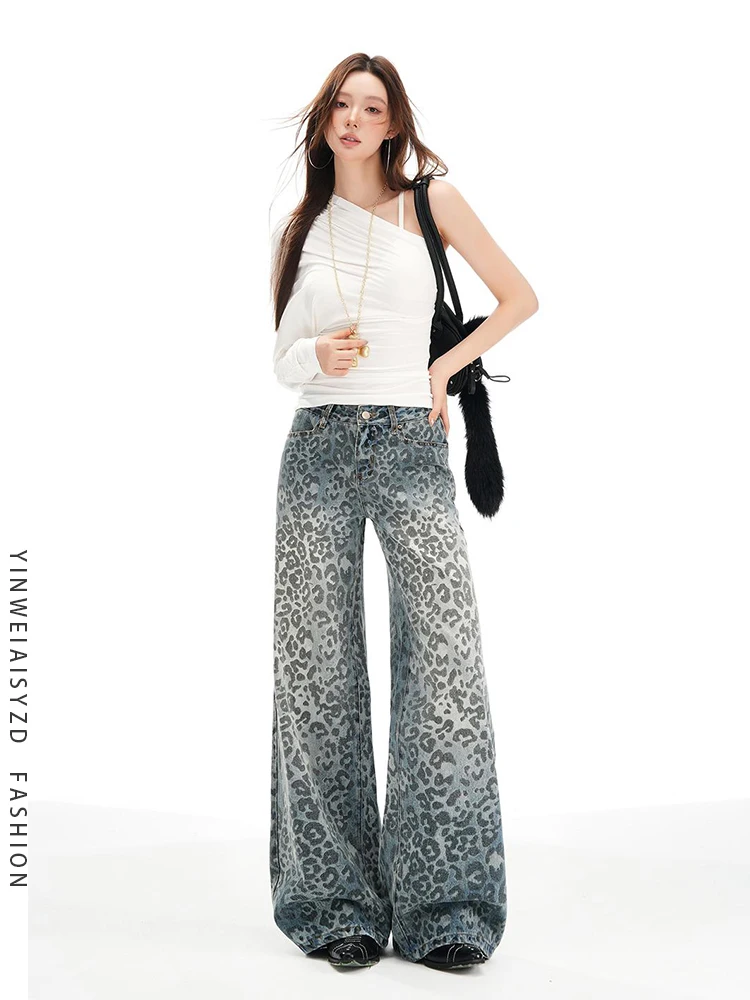 

Удлиненные американские ретро синие джинсовые джинсы с леопардовым принтом, женские осенние свободные прямые брюки с низкой талией и принтом