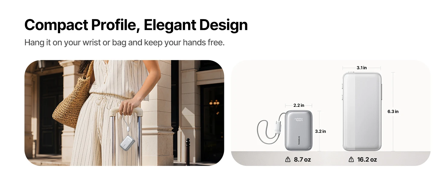 Baseus 45W Powerbank 10000mAh mit integriertem, einziehbarem USB-C-Kabel, abnehmbarem Kabel, Ladegerät 20000mAh für iPhone 18 Duo Pro Max S26 – Detail 8