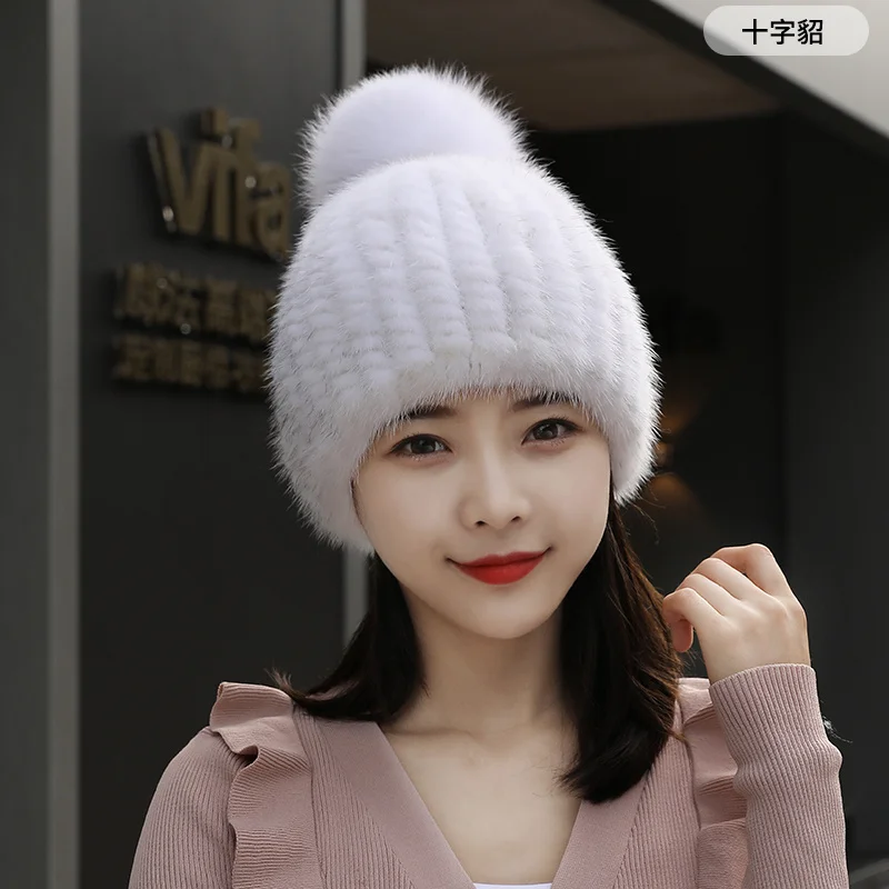 100% Natural Mink Fur Hat Women Winter Knitted Beanie Russian Girls Cap With Fox Fur Pom Poms Thick Female Cap Elastic Hats