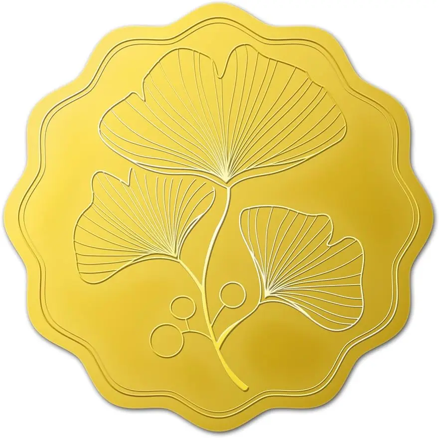 

100Pcs Ginkgo Biloba Pattern Embossed Seals Self Adhesive Gold Foil Embossed Stickers for Invitations Party Favors Decor