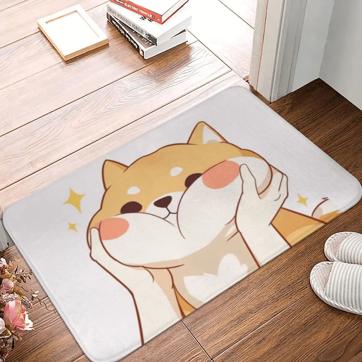 Bath Non-Slip Carpet Kawaii Shiba Inu Flannel Mat Welcome Doormat Home Decor Rug