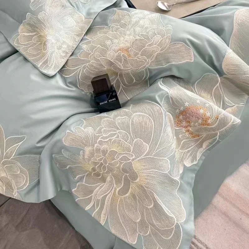 Luxury 160 Thread Count Long staple Cotton Duvet Cover Set 4 Pcs Embroidery Bedding Set Soft Flat Sheet Pillowcase Bedding Set