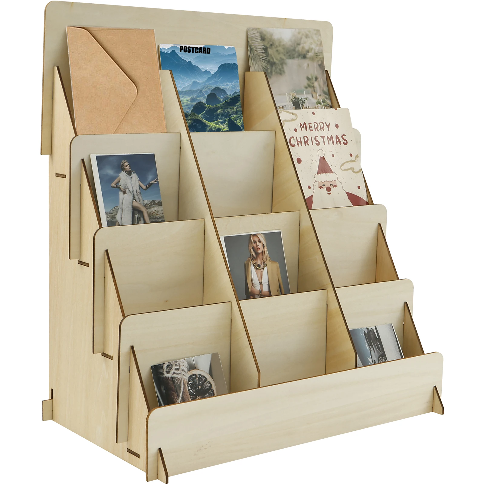 Wood 4 Tier Greeting Card Display Stand Large Capacity Easy to Assemble Wooden Sticker Display Rack for Postcard Brochure Photo