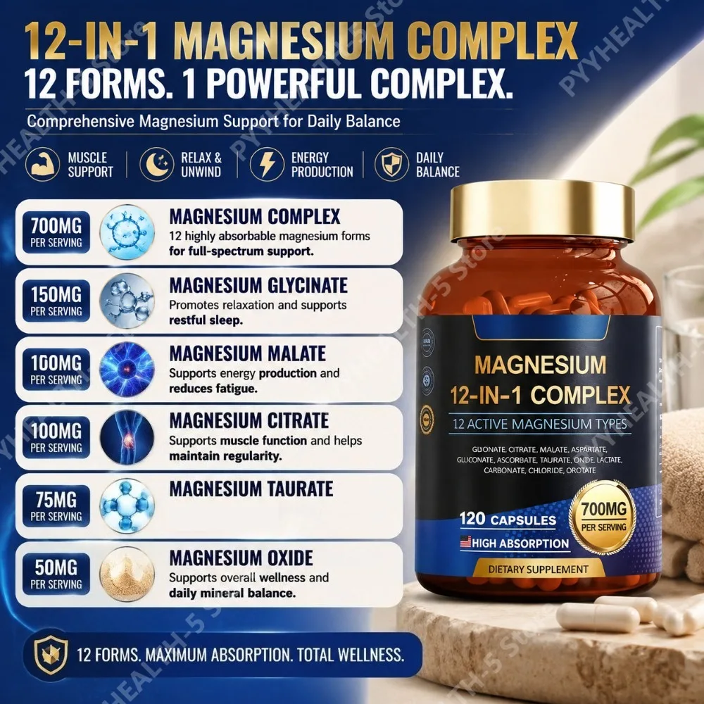 Magnesium 12-in-1 Complex Capsules, 700mg, Vegan, Non-GMO, Gluten-Free, Supports Daily Nutrition & Relaxation, 120 Count