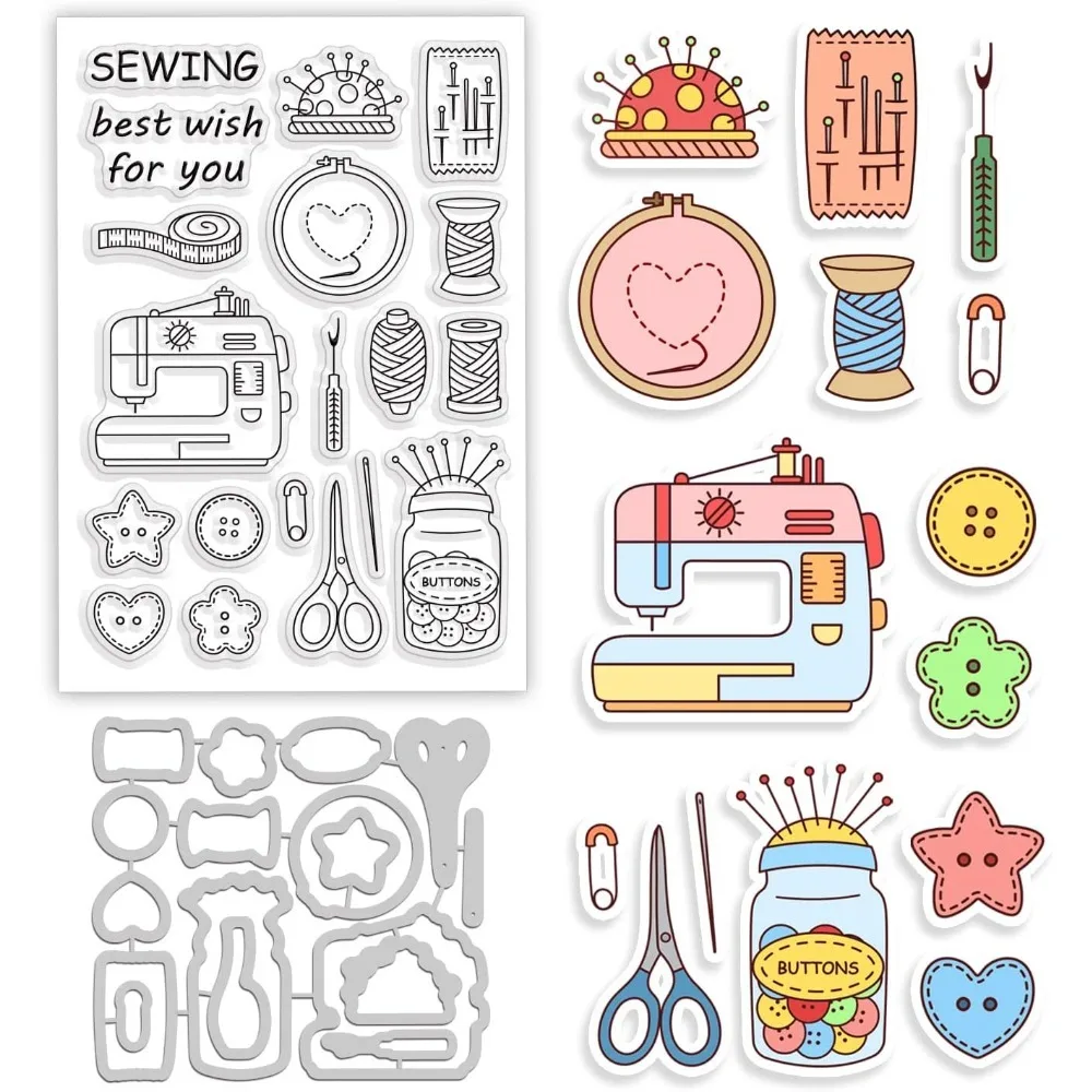 Sewing Theme Cut Dies and Clear Stamp Button Sewing Machine Embossing Template and Silicone Stamp for Card Scrapbooking Card