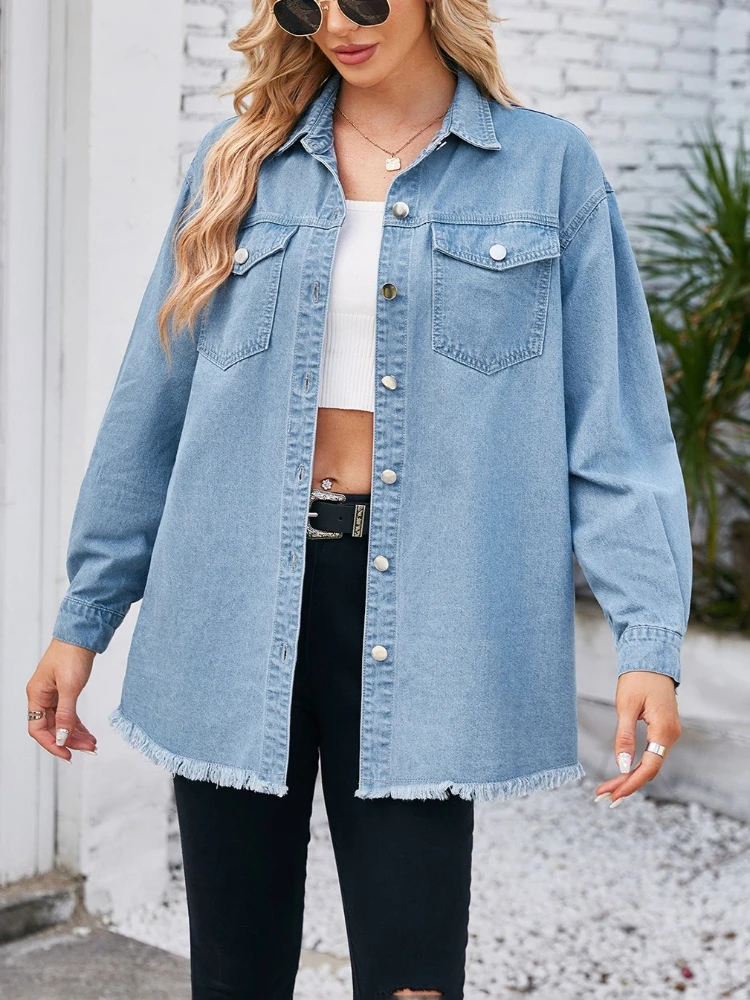 New Spring Autumn Women Denim Coat Shirt Turn Down Collar Y2k Streetwear Open Stitch Jacket Single Breasted Casual Loose Jackets