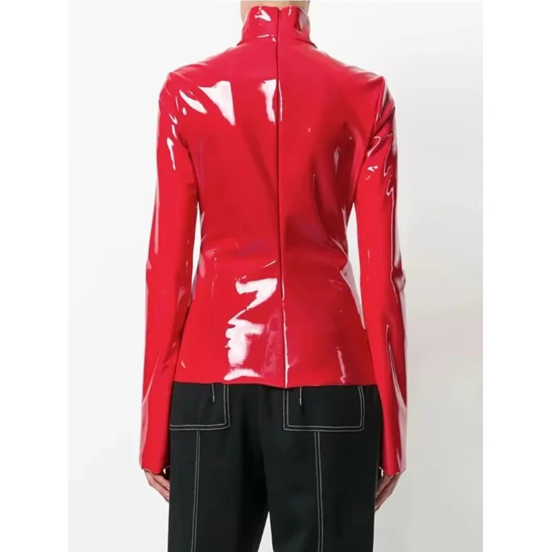 Women's Shiny Faux Latex Leather Turtleneck Top Long Sleeve Slim Fit PU Vinyl Blouse Night Club Party