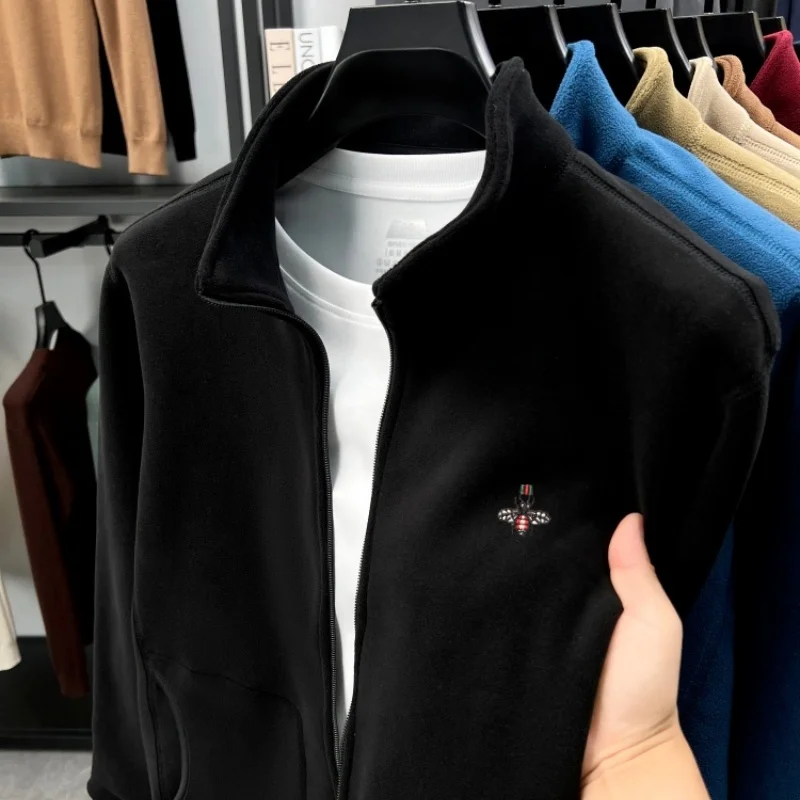 

Brand little bee embroidered zipper stand collar jacket autumn winter thickened warm new coat fashion pocket casual men's wear