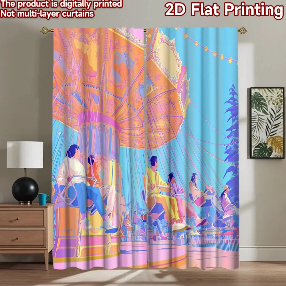

2D flat printing 2pcs Curtain Carousel Rides Fun Summer Digital Printed Polyester Drapes Family Party for Festive for Bedroom