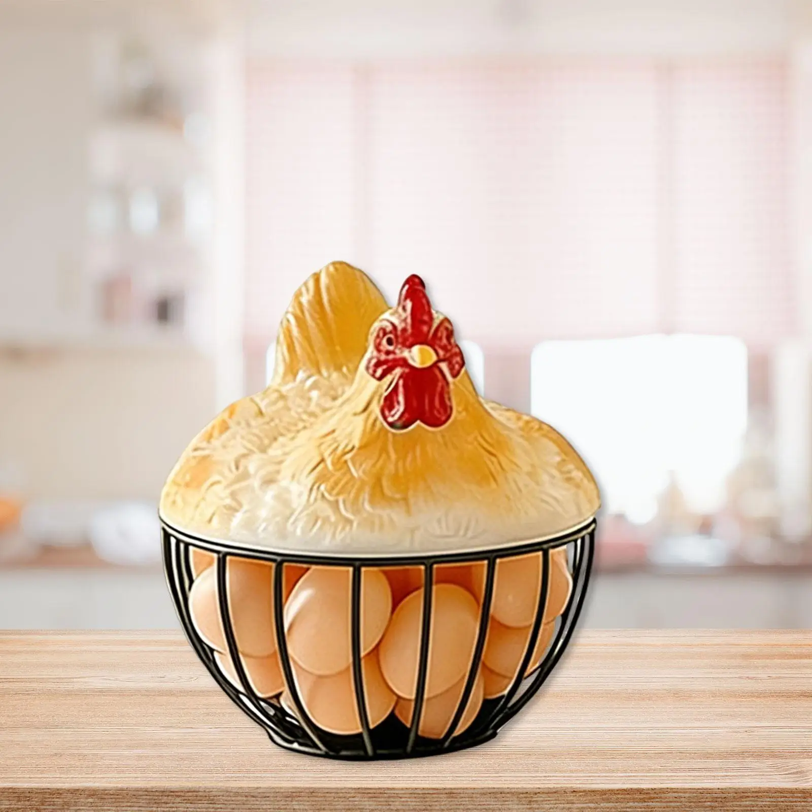 Yellow Chicken Egg Basket with Lid Versatile Egg Storage Holder Iron Resin Kitchen Accessory for Fresh Egg Collection
