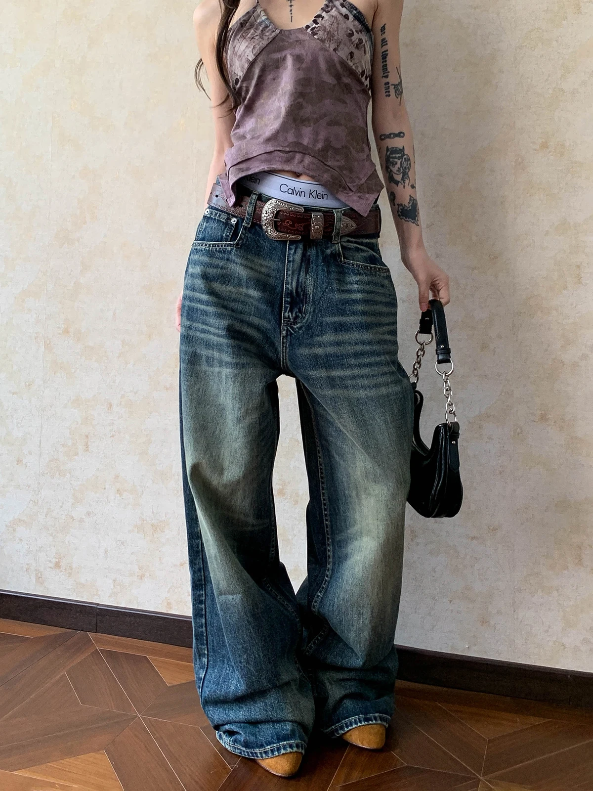 

Aket American Retro Waed Yellow Denim Jeans ex CleanFit High-End Versatile Trendy Cotton Stretch Zipper Closure