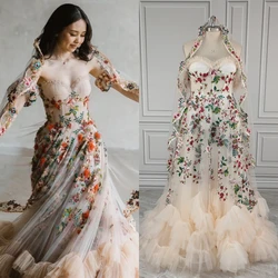 12970 #   Vestido de novia de tul con volantes y encaje, apliques de flores con hombros descubiertos, personalizado, único, con velo, vestido de novia para mujer