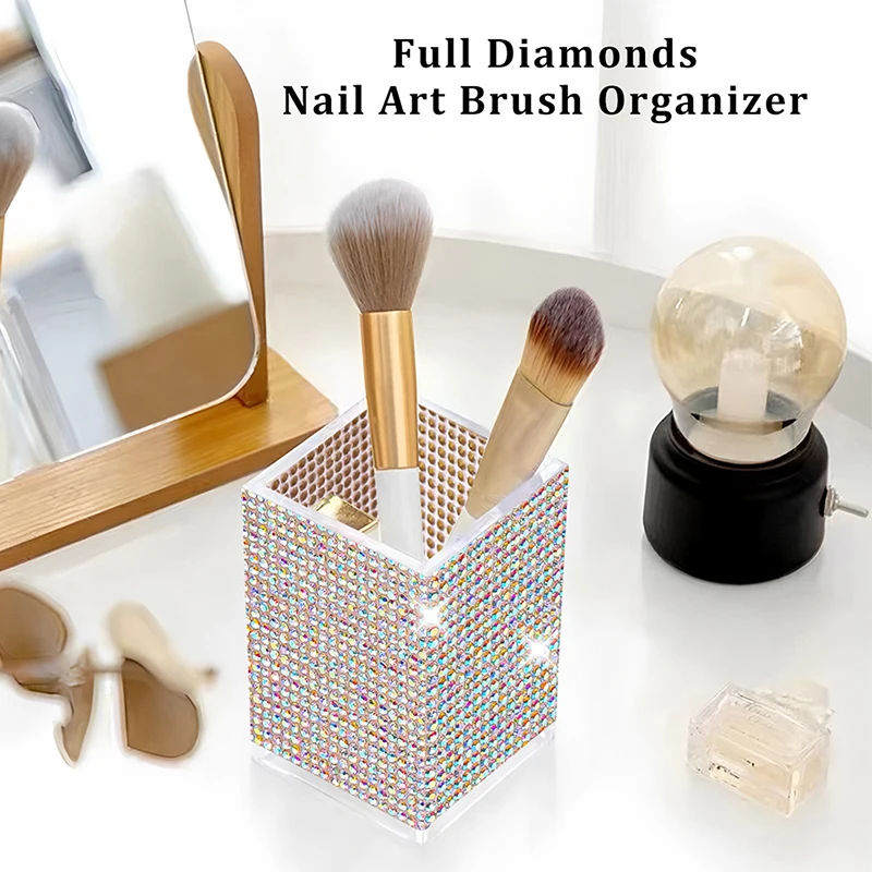 【M】Bling Pen Container With 3 Slots Pencil Holder Makeup Brush Storage Box Rhinestone Desktop Dressing Table Organizer Tool