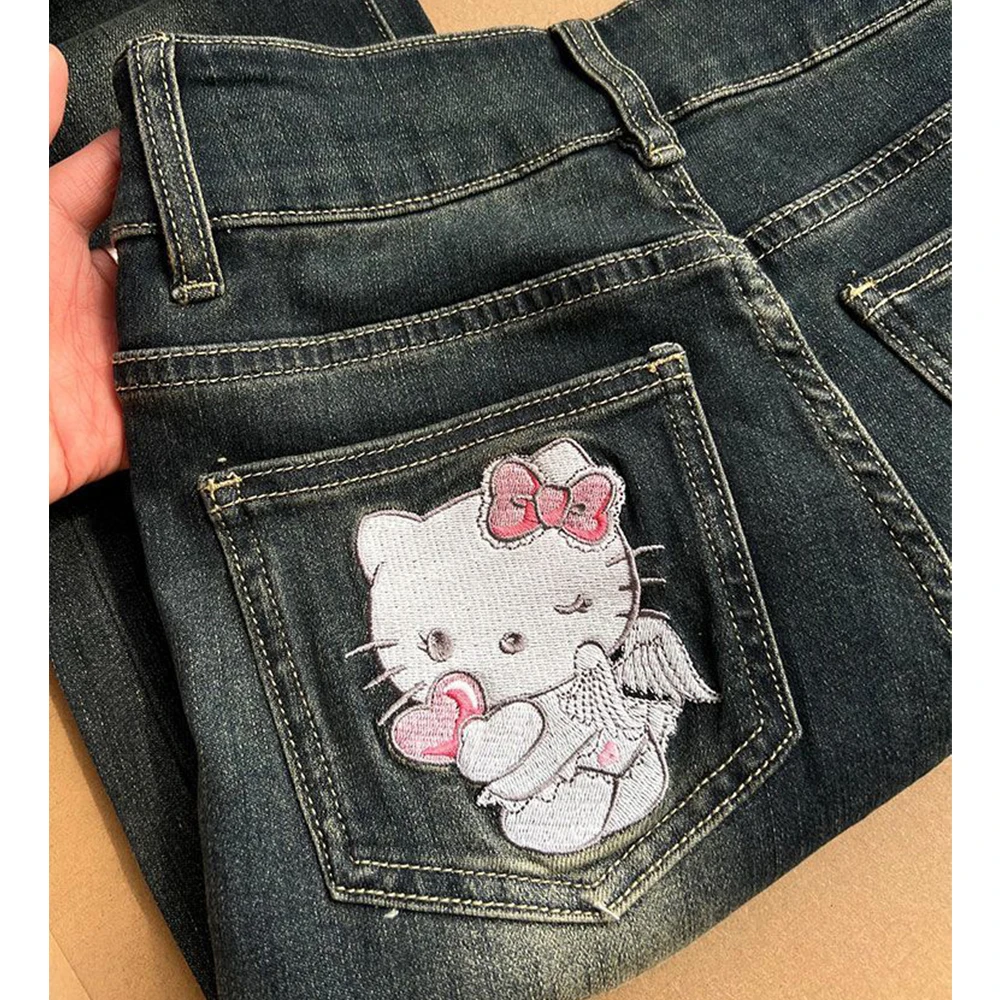 

Женские джинсы с вышивкой из мультфильма «Hello Kitty», свободные брюки, джинсы в стиле аниме, широкие брюки, милые прямые брюки, милый подарок для девочек
