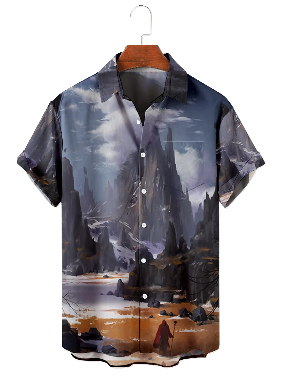 

2024 Men's Short Sleeve Lapel Shirt Plus Size Alpine 3D Print Men's Top With Pockets