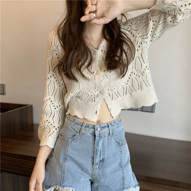 Femme Spring Summer Korean Fashion Hollow Out Solid Color V-neck Cardigan Women Clothing Trend Sexy Appear Thin Versatile Top Te