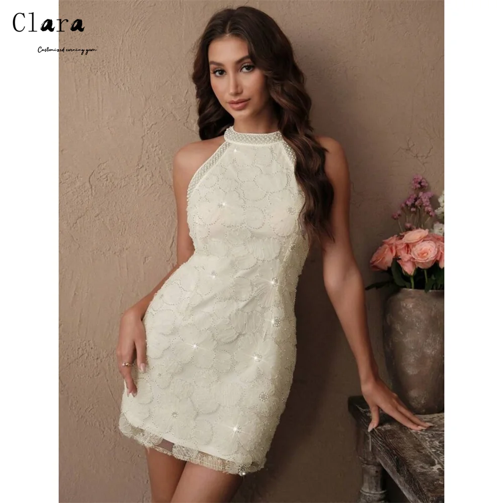 Clara Custom Weißes langes Ballkleid mit Rundhalsausschnitt und glänzenden Blumen 2025, elegantes Hochzeitskleid für Damen, maßgeschneiderte Anlasskleider Gala