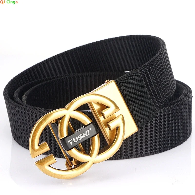 

Black Men Nylon Canvas Belts Gold-colored Belt Buckle Red Blue Brown Automatic Buckle Women Belt Gray Cinturon Neutral Waistband