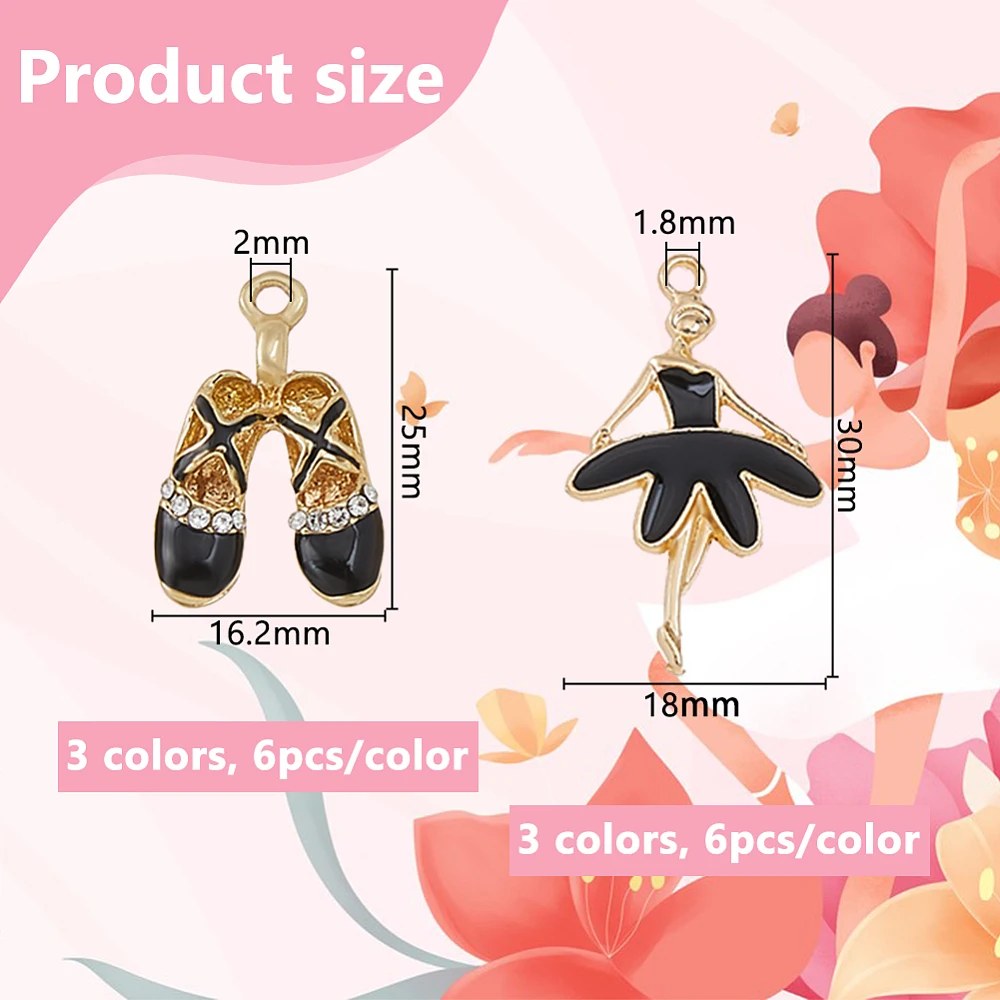 36Pcs 6 Styles Ballet Dancer Charm Alloy Enamel Ballet Charms Rhinestone Ballerina Shoes Charms Dancing Shoe Charm for Necklace