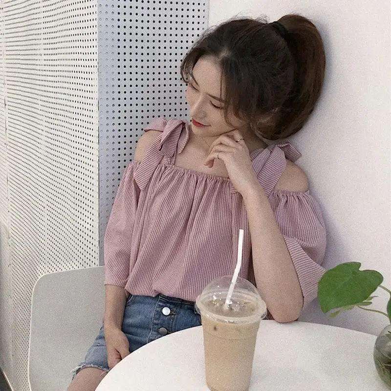 Women Summer Korean Striped Loose Lacing Fashion Solid Color Slash Neck Short Sleeve Blouse Women Clothes Trend Appear Thin Tops