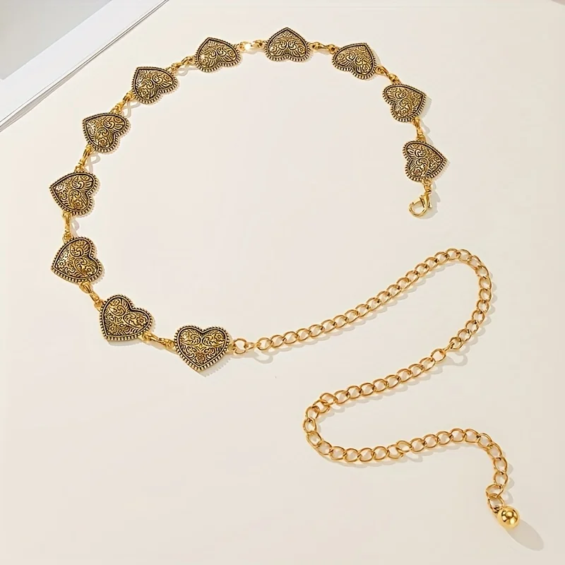 سلسلة خصر معدنية قابلة للتعديل Y2K كلاسيكية، زخرفة حزام على شكل قلب عتيق منحوت لعيد الحب، إكسسوارات عصرية على طراز البوهيمي الشرير.