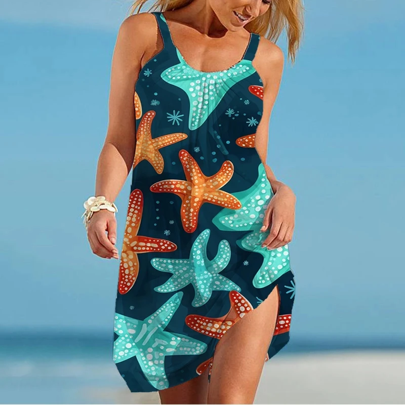 Summer New 3dStarfish Printed Sexy Strap Sleeveless Beach Dress Women\'s Loose Casual Dress Hawaiian Sea Women\'s Pajamas Traf