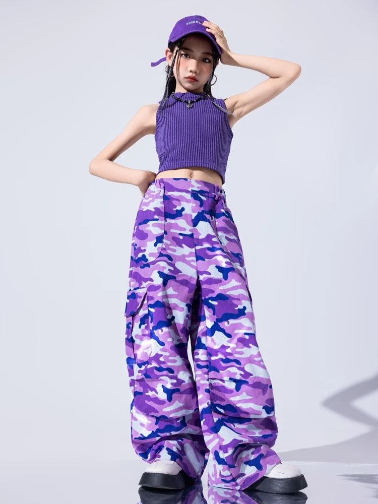 2024 Kids Jazz Modern Dance Costumes For Girls Crop Tops Purple Camouflage Pants Streetwear Children Hip Hop Stage Wear DQS16874