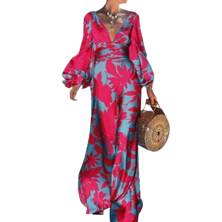 

Sexy V Neck Long Sleeve Dress Office Lady Autumn Fashion Elegant Flower Floral Print Lantern Sleeve Dresses For Women 2023