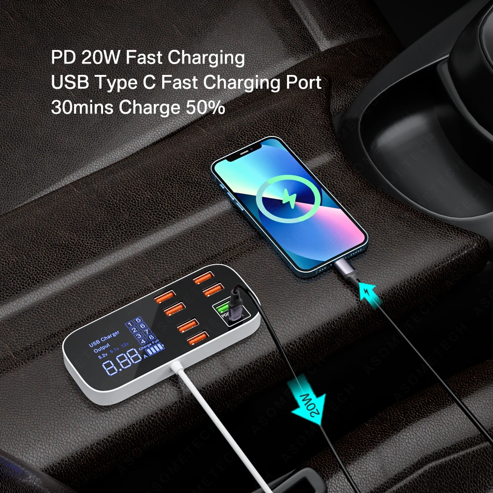 Caricatore per auto USB a 8 porte caricatore rapido portatile QC3.0 caricatore per telefono cellulare 40W 2.4A caricatore rapido per auto per iPhone Samsung Xiaomi