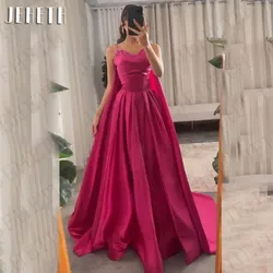 JEHETH vestido de noche Formal Evening Dresses Saudi Arabia Fuchsia Satin A Line Sequined Spaghetti Straps Prom Party Gown Women