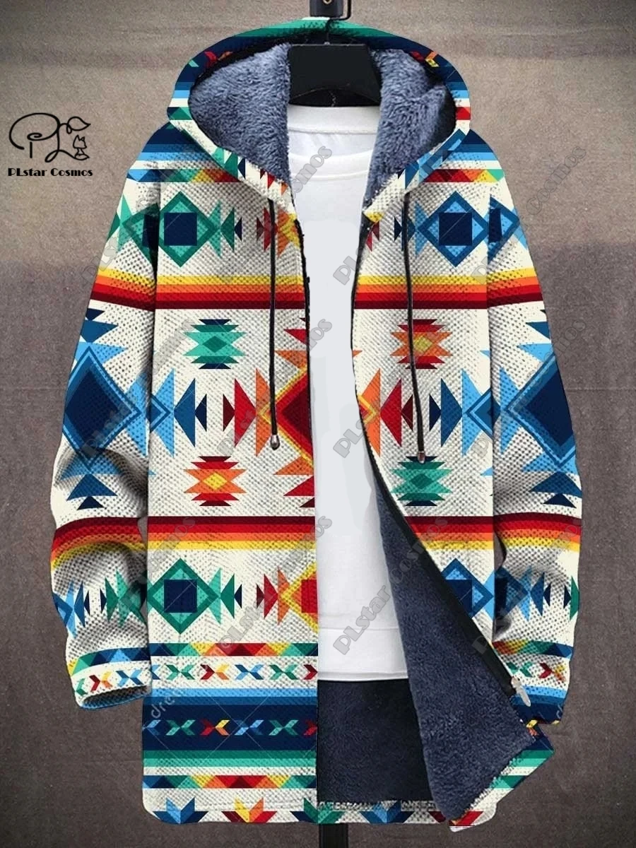 New 3D printing retro abstract art multi-color winter hooded zipper coat men's women's fleece universal casual warm jacket D-15