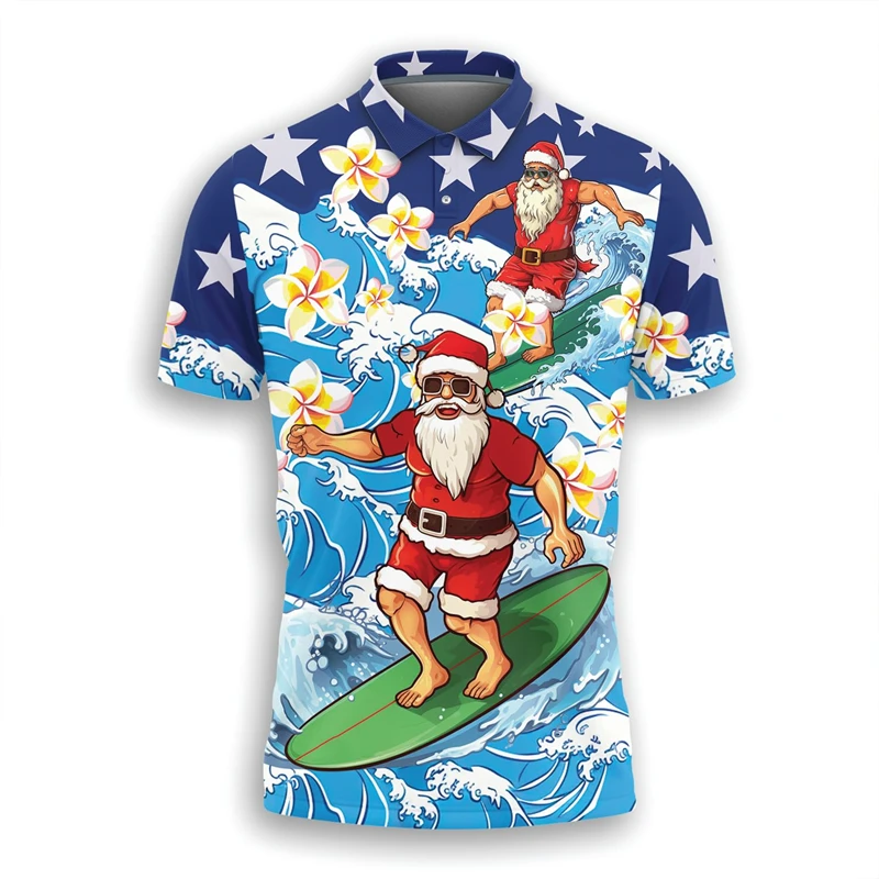 

Men's Surfing Santa Clause Graphic Polo Shirt Fashion Cool Hip Hop Style Short Sleeve Lapel Tops Outdoor Casual Holiday Clothes