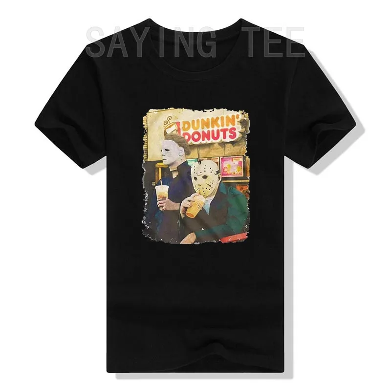 Halloween Movie Inspired T-Shirt Michael Myers Drinking Coffee Funny Humorous Tee for Him Women Men Short Sleeve Blouses Gifts